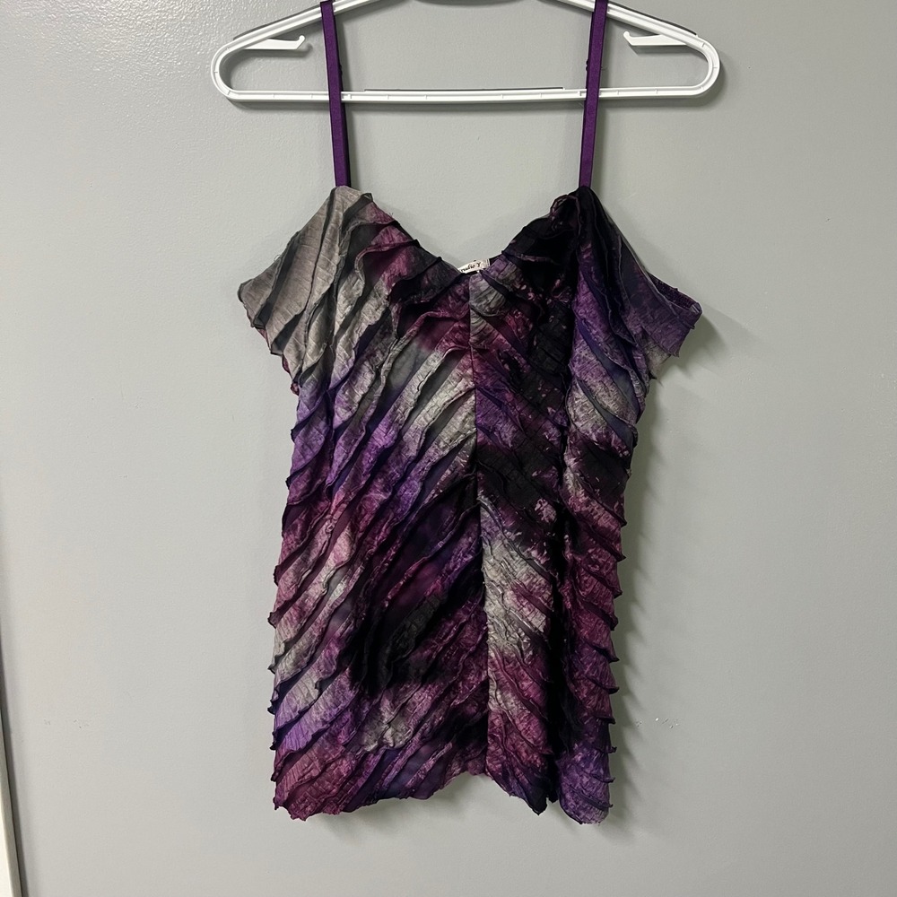 Studioβ Y Purple Tie Dye Ruffle Camisole Top Adjustable Straps V-Neck Lined